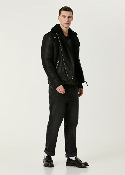 AllSaints - Xena Shearling Siyah Deri Biker Mont - Siyah