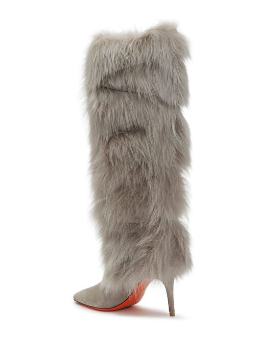 Bej Shearling Dokulu Kadın Süet Çizme - Görsel 4
