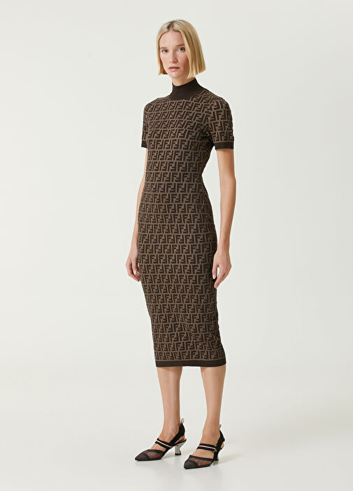 Fendi Brown Logo Jacquard Midi Dress