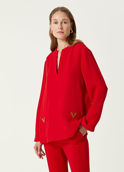 Valentino - Red Logo Detailed Silk Blouse