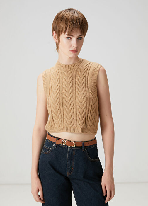 Beymen Club - Camel Balıksırtı Örgü Crop Triko Süveter