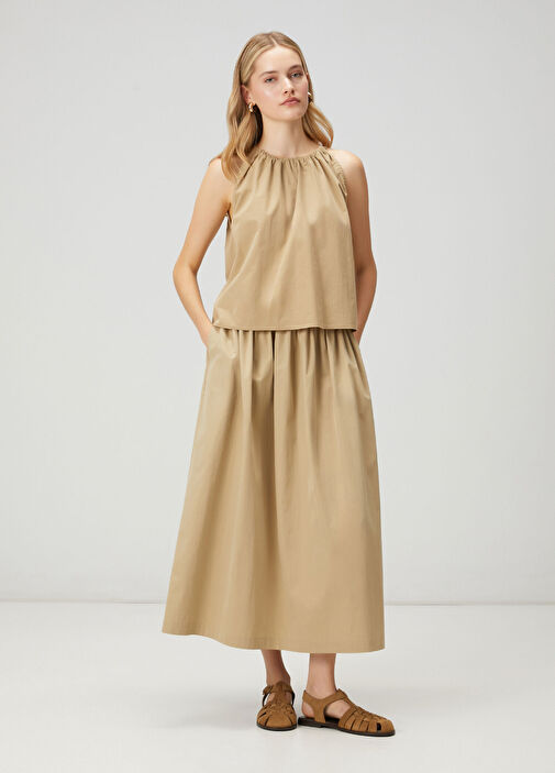 Bej Beli Lastikli Midi Etek