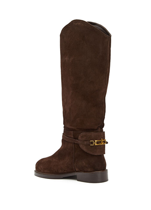 Kahverengi Zincir Logolu Kadın Süet Binici Çizme - Görsel 4