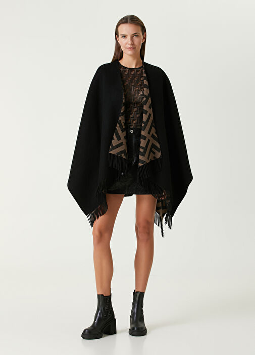 Fendi Black Brown Logo Wool Cape