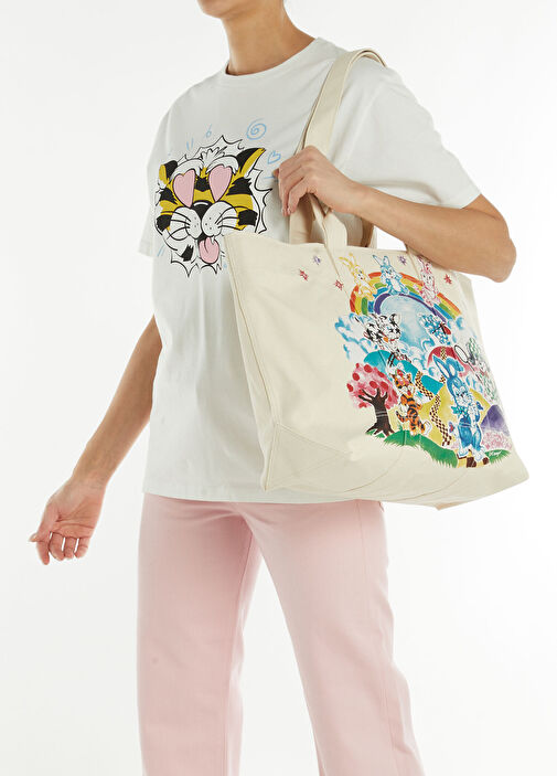 キャンバスアート　39cm×39cm Kenzo Kadın Cartoon Large Bej Kadın Kanvas Alışveriş Çantası