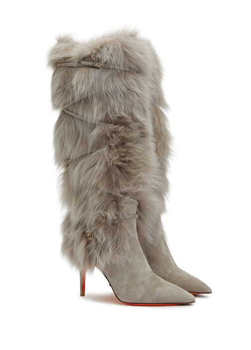 Bej Shearling Dokulu Kadın Süet Çizme - Görsel 3