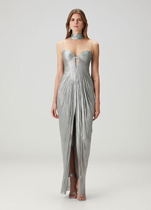 Tonia Mavi Maksi İpek Abiye Elbise