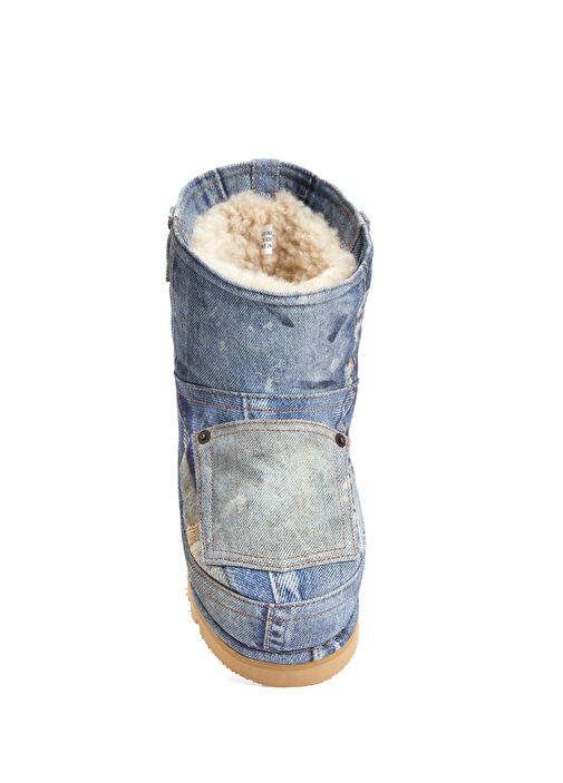 Mavi Denim Dokulu Kadın Deri Kar Botu - Görsel 5