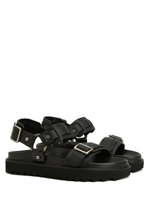 Siyah Logo Detaylı Kadın Deri Sandalet - Görsel 3