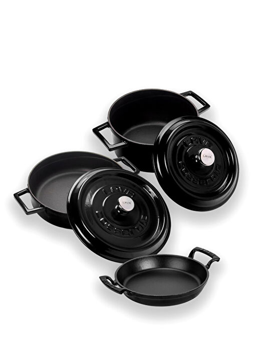 LAVA Trendy Series Black Cast Iron Piece Cookware and Pan Set