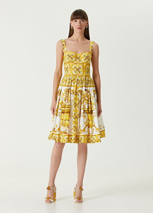 Dolce&Gabbana - Majolica Sarı Desenli Midi Poplin Elbise - Sarı