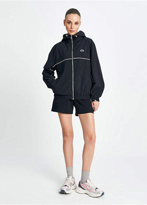 Siyah Kapüşonlu Fermuarlı Kadın Spor Yağmurluk