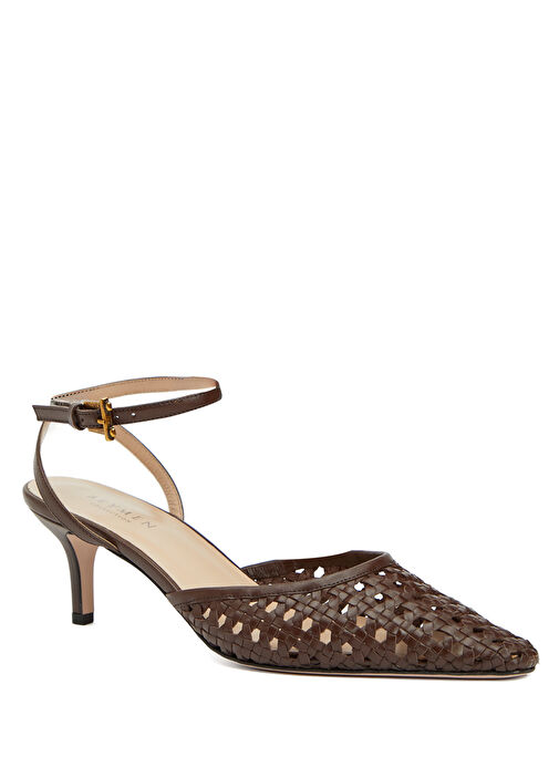 Kahverengi Örgü Dokulu Deri Topuklu Ayakkabı - Görsel 3