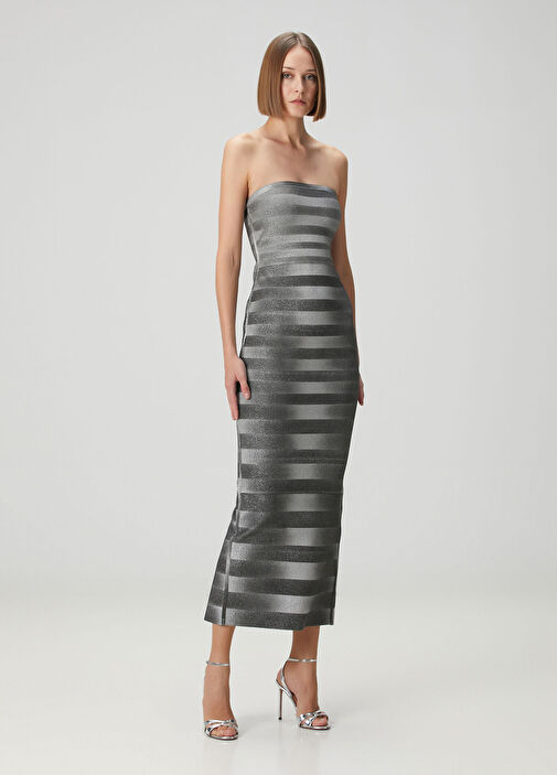 Herve Leger - The Nia Silver Striped Midi Cocktail Dress