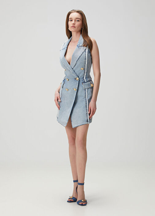 balmain denim dress Button Flare Light Blue Denim Dress  Club21.com