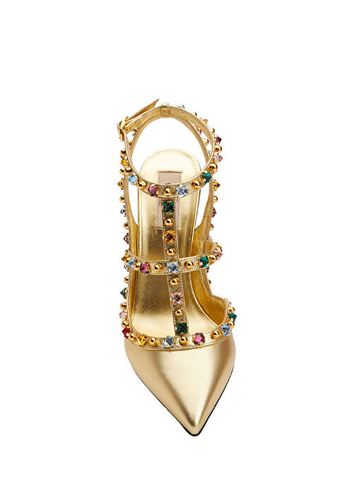 Rockstud Gold Deri Topuklu Ayakkabı - Görsel 5