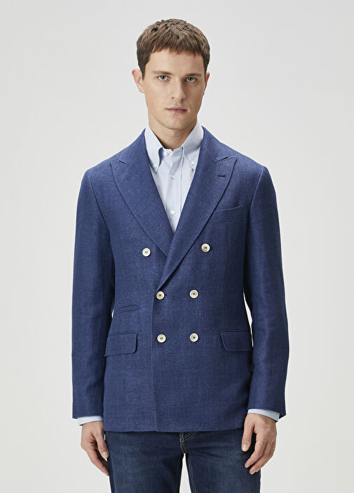 Blue Brunello Cucinelli Blue Men Blue Linen Double-Breasted