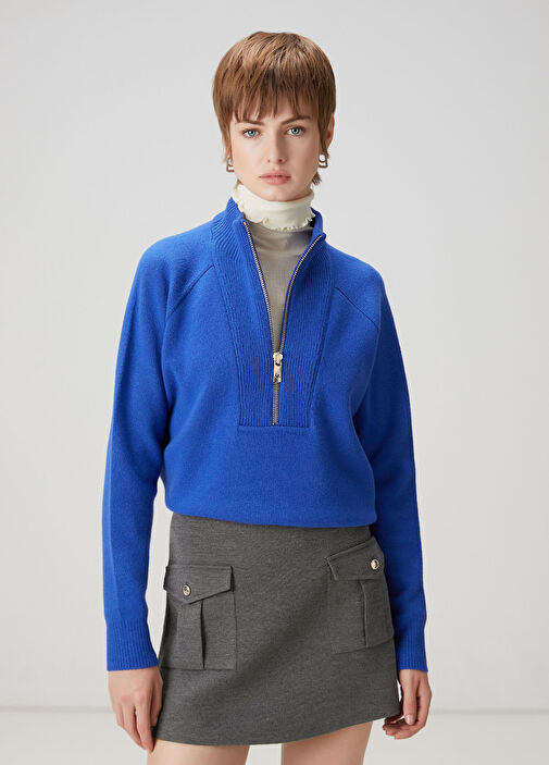 Mavi Yarım Fermuarlı Yün Kazak