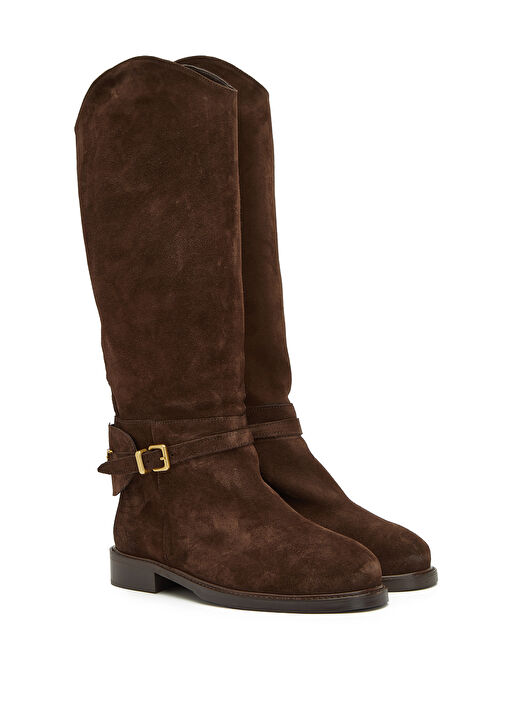 Kahverengi Zincir Logolu Kadın Süet Binici Çizme - Görsel 3