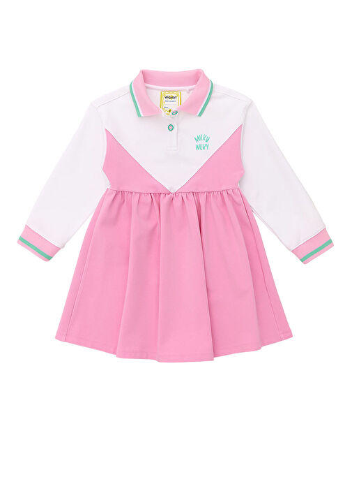 Pembe Polo Yaka Uzun Kollu Kız Çocuk Elbise