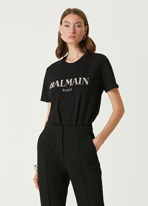 Balmain - Siyah Taşlı Logolu T-shirt - Siyah-Gümüş