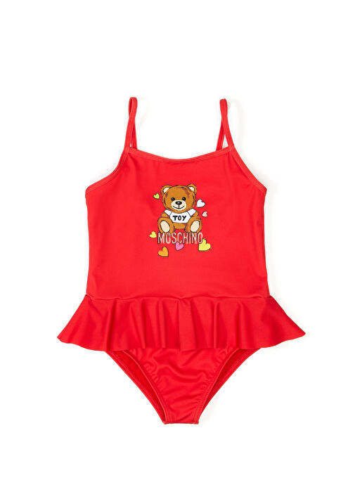 Red Logo Detailed Girls Swimsuit