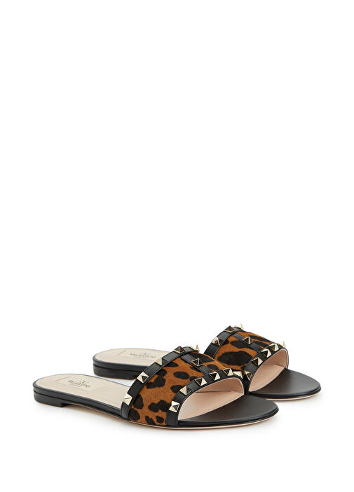 Rockstud Leopar Desenli Kadın Deri Terlik - Görsel 3