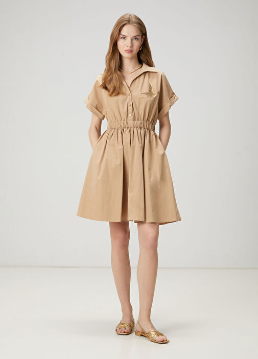 Beymen Club - Beige Embellished Logo Mini Shirt Dress
