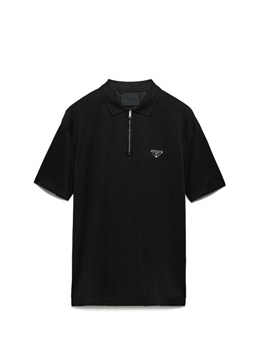 Prada Siyah Erkek Siyah Re-Nylon Detaylı Pike Polo Yaka Kısa Kollu