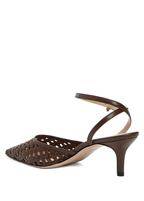 Kahverengi Örgü Dokulu Deri Topuklu Ayakkabı - Görsel 4