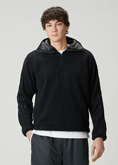 Adidas - Borg Fleece Teamgeist 1/4 Zip Siyah Kapüşonlu Üst - Siyah