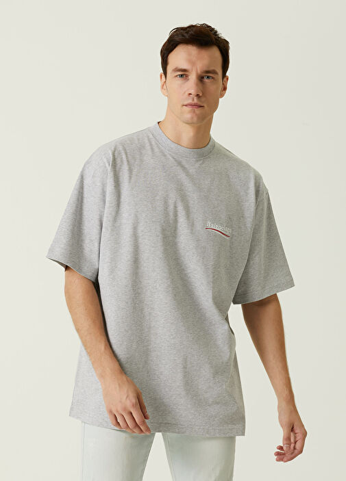 Balenciaga - Gri Logolu Oversize T-shirt - Açık Gri