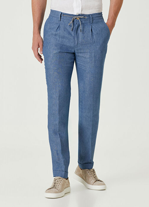 Blue Luciano Barbera Blue Men Blue Pleated Linen Trousers 1513594 | Beymen