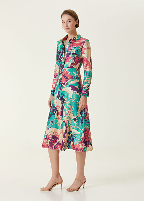 Red Valentino - Blue Patterned Midi Silk Shirt Dress Red Valentino - Blue Patterned Midi Silk Shirt Dress