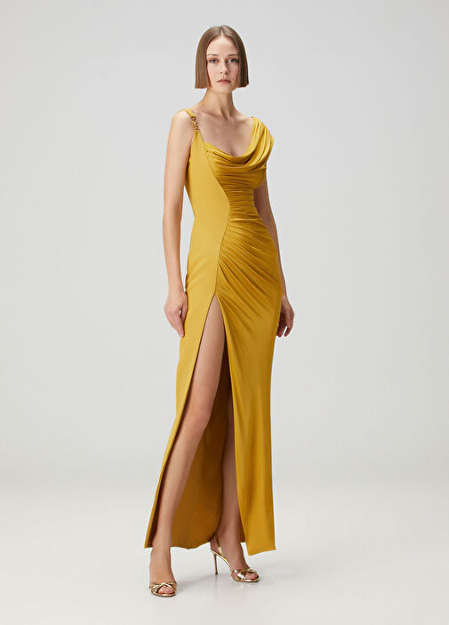 Sarı Asimetrik Maksi Abiye Elbise