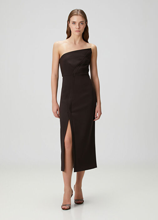 Kahverengi Straplez Midi Kokteyl Elbise