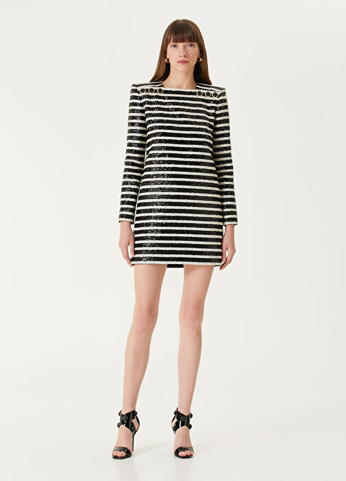 Balmain - Black White Striped Embroidered Mini Dress Balmain - Black White Striped Embroidered Mini Dress