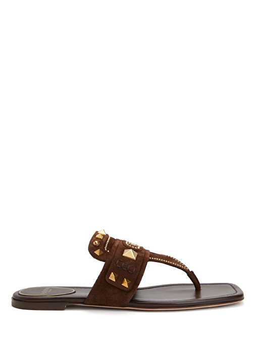 Rockstud Kahverengi Kadın Deri Terlik - Görsel 2