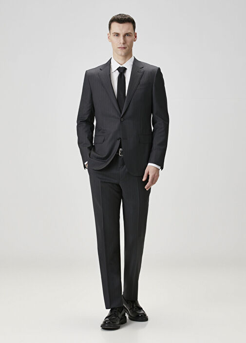 Lacivert Çizgi Desenli Yün Takım Elbise