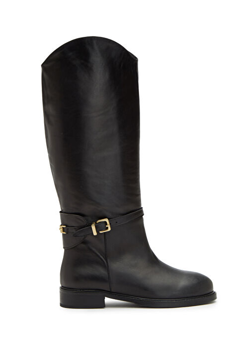 Siyah Zincir Logolu Kadın Deri Binici Çizme - Görsel 2