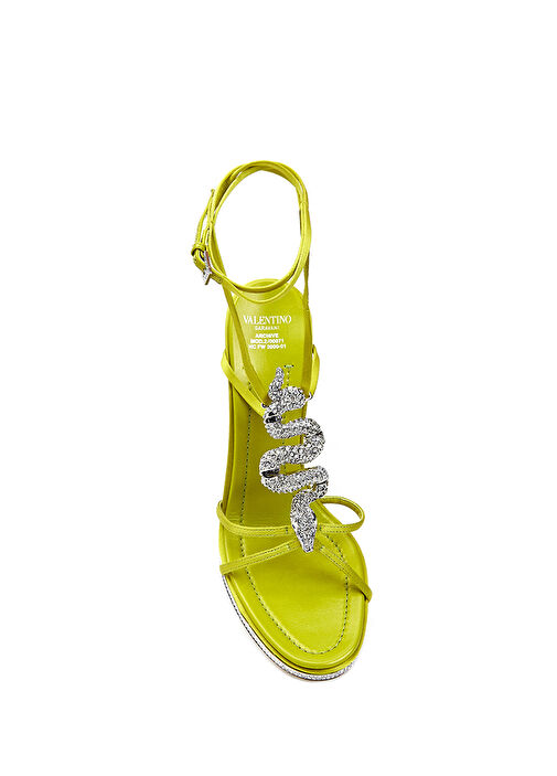 Yeşil Taşlı Topuklu Saten Sandalet - Görsel 5