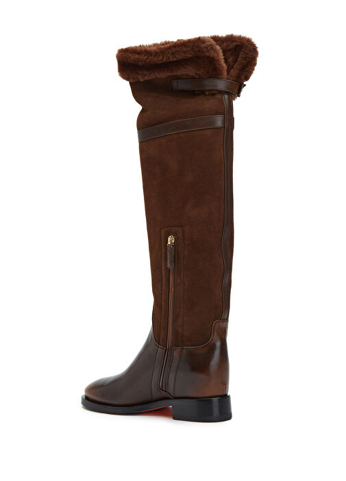 Kahverengi Shearling Detaylı Kadın Deri Çizme - Görsel 4