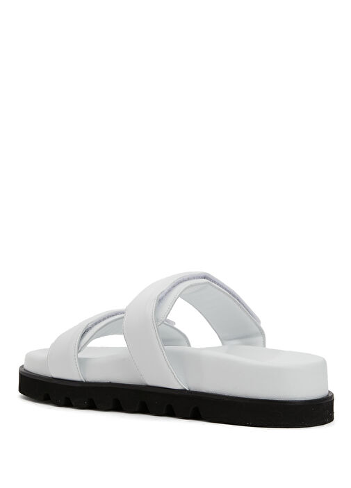 Beyaz Çift Kemerli Kadın Puff Deri Terlik - Görsel 4