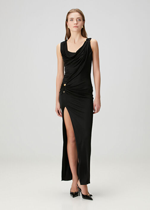 versace black dress Enver crepe midi - Bias cuts detail the fluid slip silhouette with a cowl neckline. Versace Jeans Couture Cut-Out Barocco