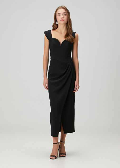 Siyah Düşük Omuzlu Midi Kokteyl Elbise