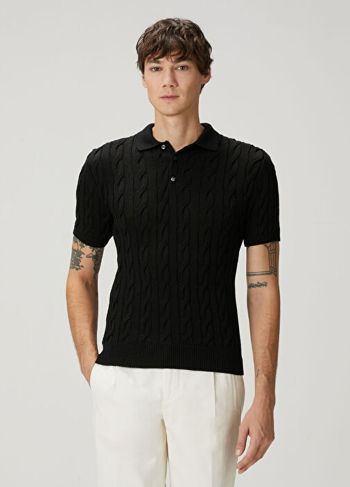 Ralph Lauren Purple Label - Siyah Polo Yaka Kısa Kollu Triko - Siyah