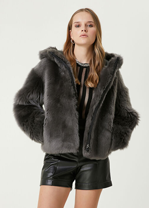 brand} - Anthracite Hooded Lamb Fur Coat