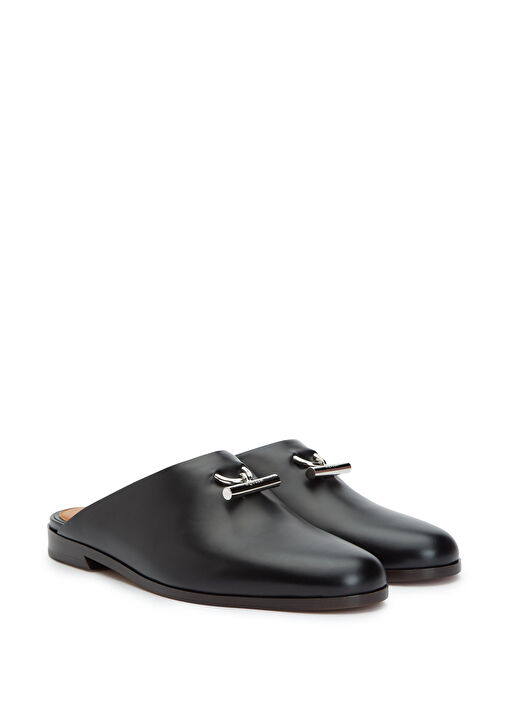 Siyah Silver Logo Tokalı Kadın Deri Terlik - Görsel 3