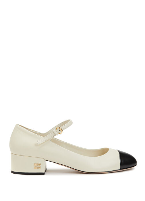 Siyah Beyaz Logolu Deri Topuklu Ayakkabı - Görsel 2