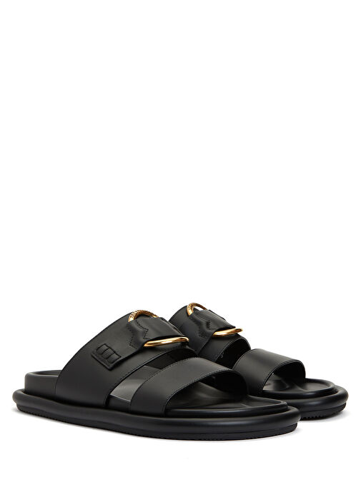 Siyah Logo Detaylı Kadın Deri Terlik - Görsel 4